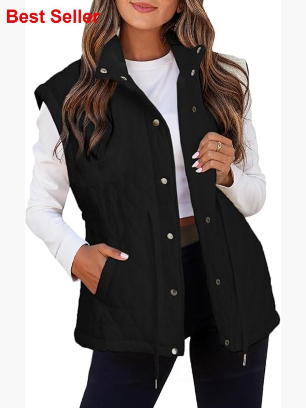 Lightweight Puffer Vest with Drawstring Waist, Quilted Polyester
